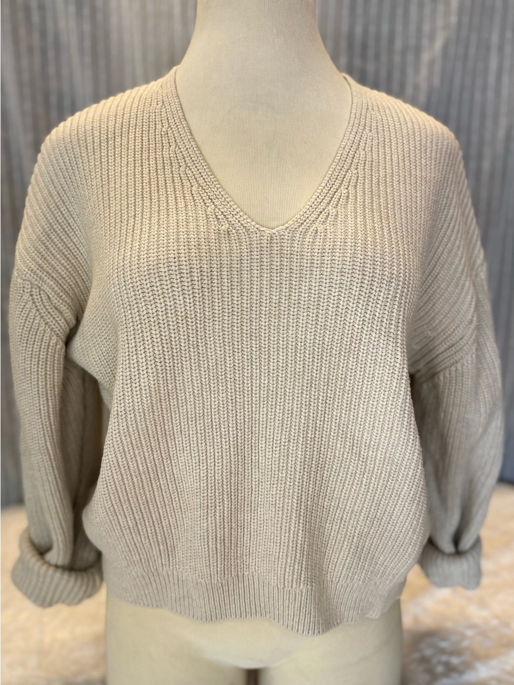 Quince Fisherman V-Neck Sweater 100% Organic Cotton in Speckled Beige Size Large - Picture 6 of 15